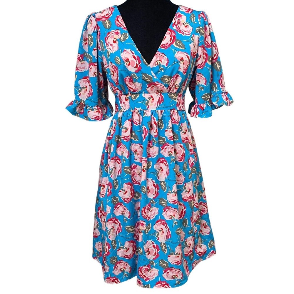 Betsey Johnson Blue Floral Midi Dress with Pink Roses